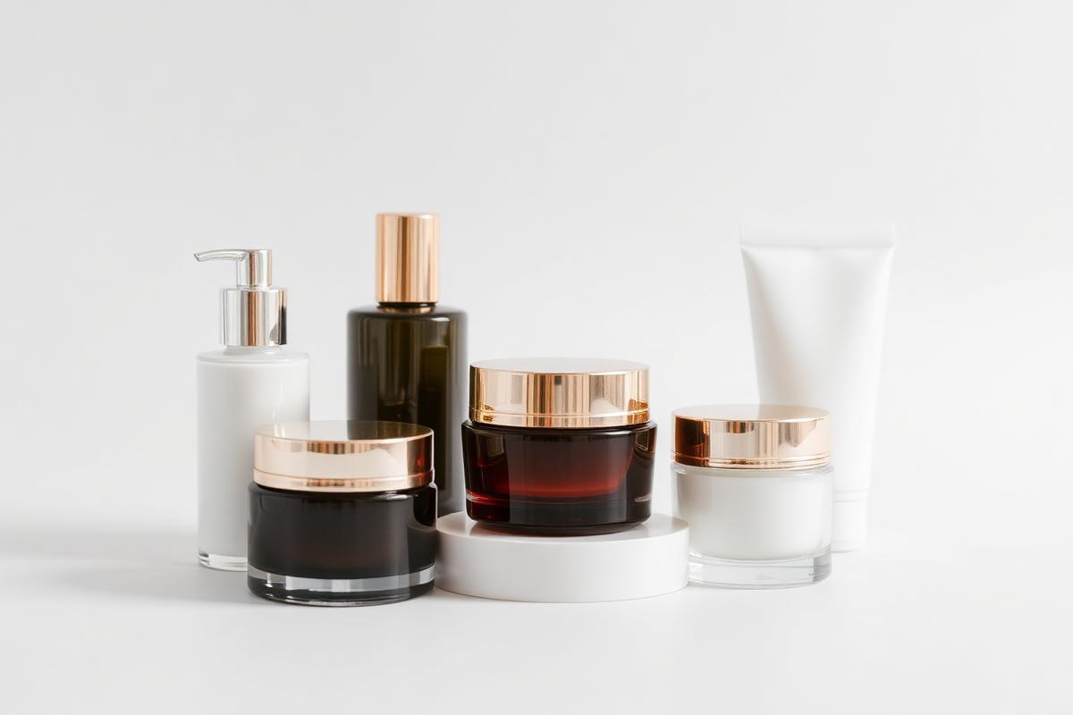 Frascos, potes e bisnagas de cosméticos produzidos pela Firetti