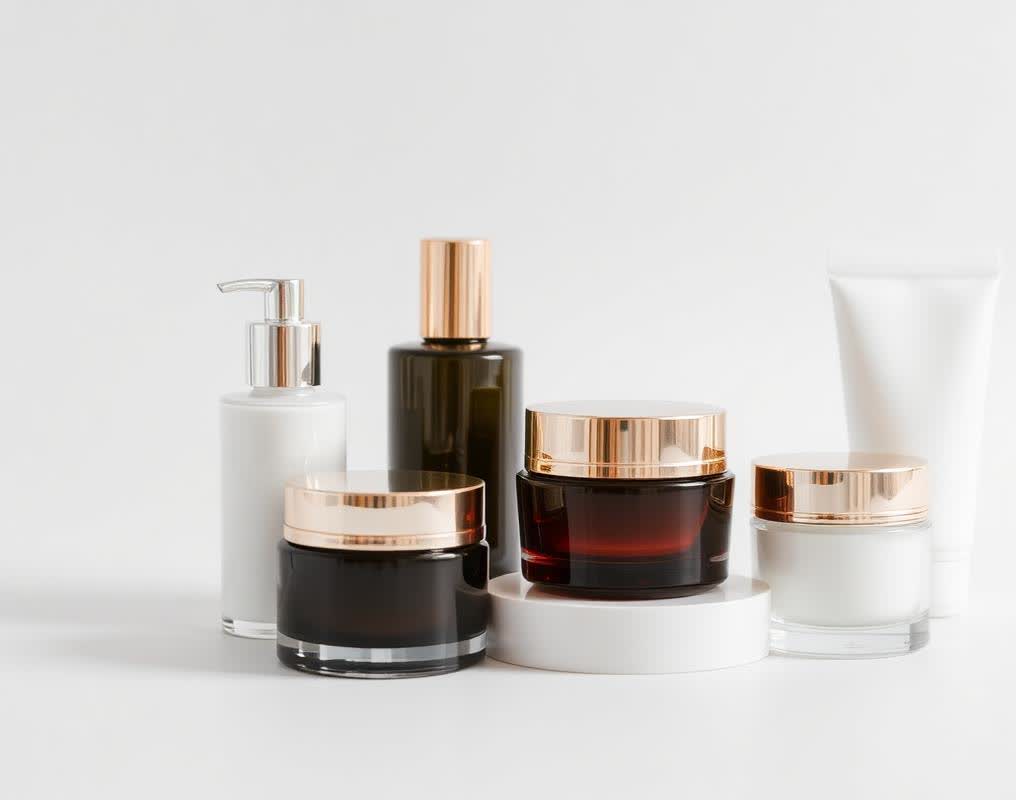 Frascos e potes de cosméticos em fundo neutro
